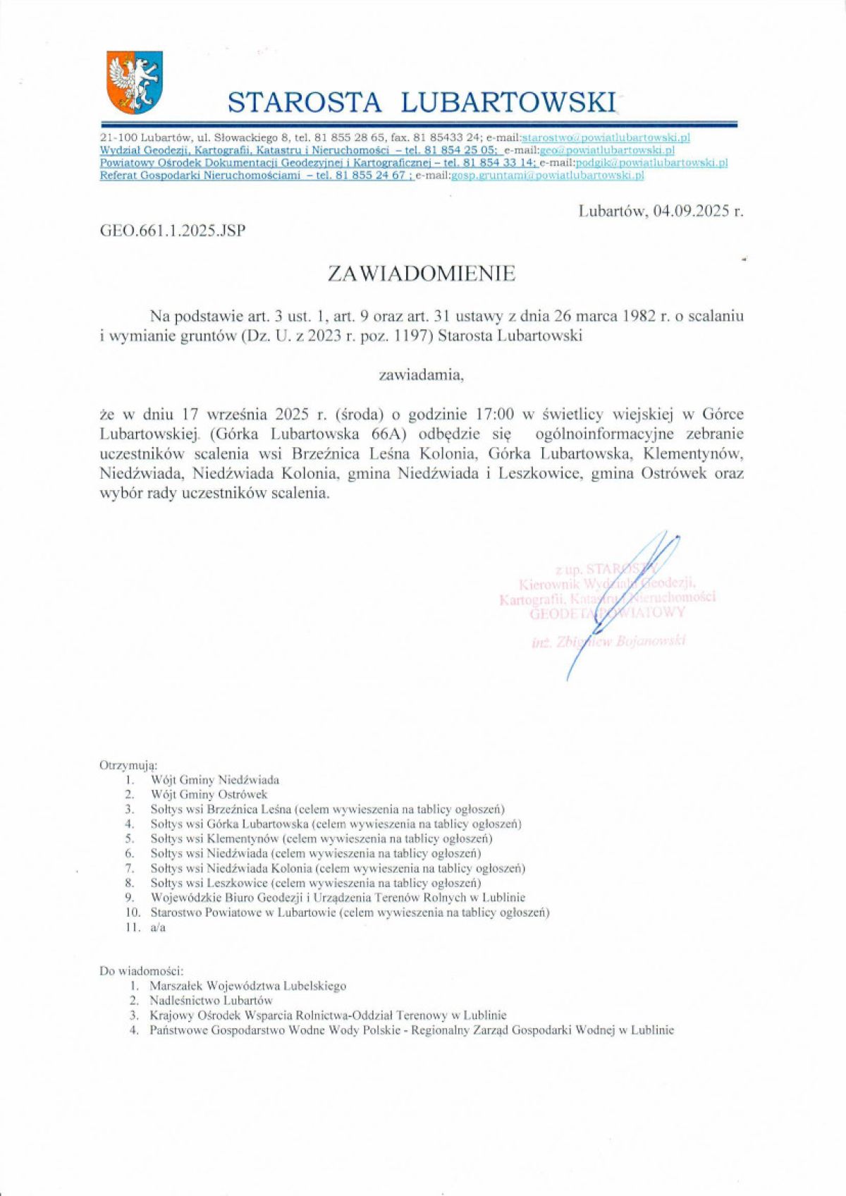 Zawiadomienie  uczestników scalenia o zebraniu w w dniu 17 września 2025 r. ( środa) o godzinie 17:00 w świetlicy wiejskiej w Górce Lubartowskiej ( Górka Lubartowska 66A)