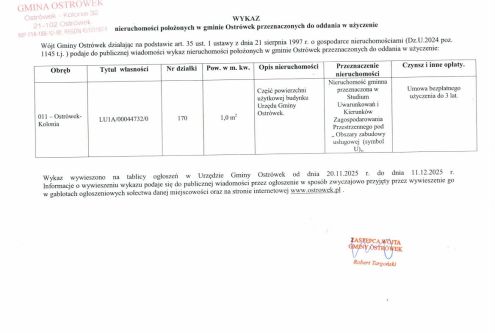 
Wójt Gminy Ostrówek działając na podstawie art. 35 ust. 1 ustawy z dnia 21 sierpnia 1997 r. o g...