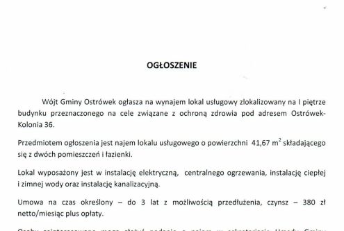 Wójt Gminy Ostrówek ogłasza na wynajem lokal usługowy zlokalizowany na I piętrze budynku przeznac...