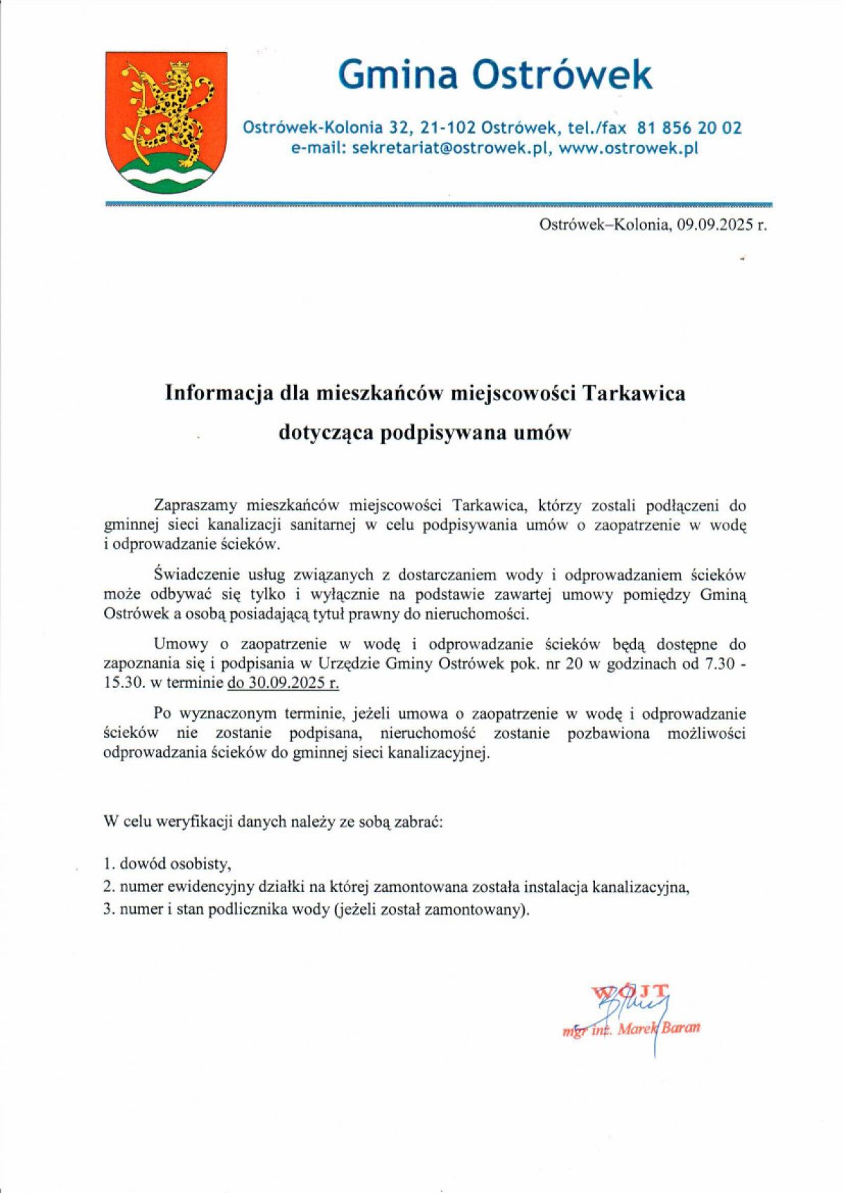Informacja dla mieszkańców miejscowości Tarkawica dotycząca podpisywana umów o zaopatrzenie w wodę i odprowadzanie ścieków