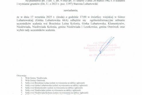 Starosta Lubartowski zawiadamia, 
że w dniu 17 września 2025 r. ( środa) o godzinie 17:00 w świe...